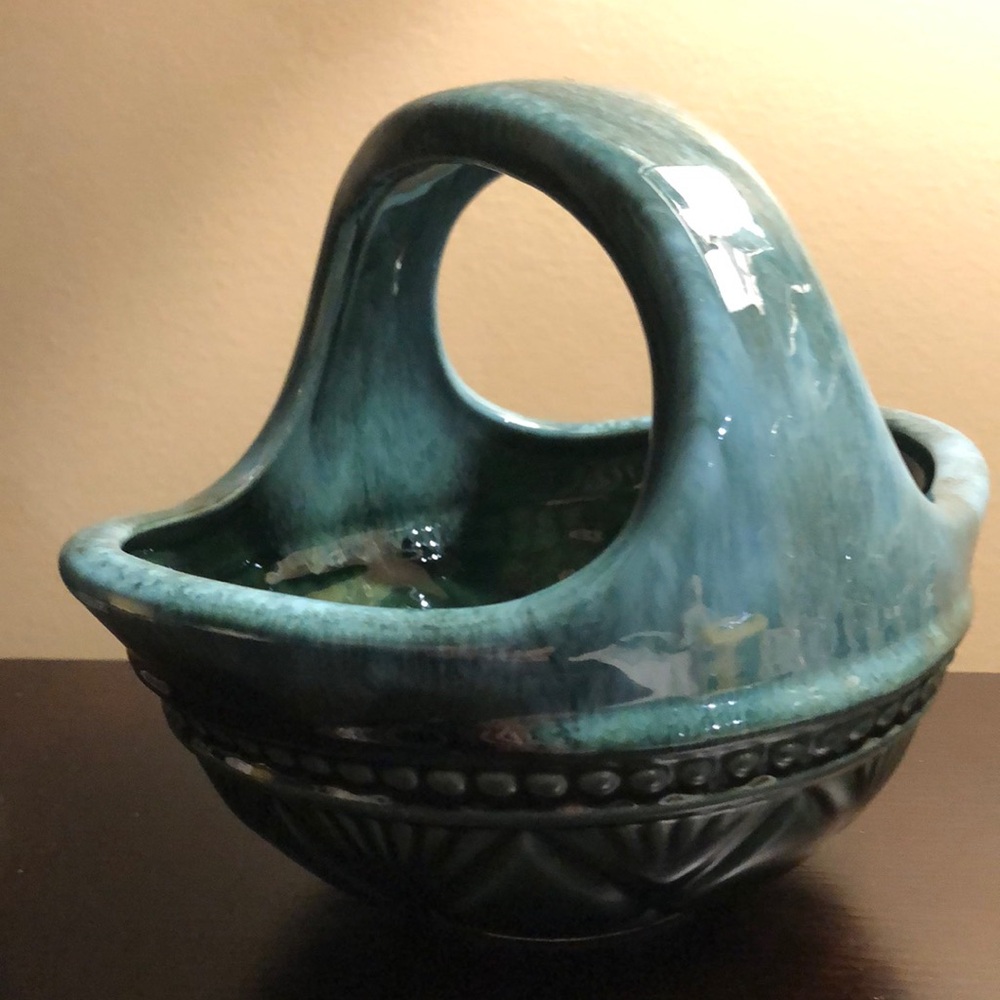 Hull USA F24 Teal Ceramic Accent Basket with Curved Handle